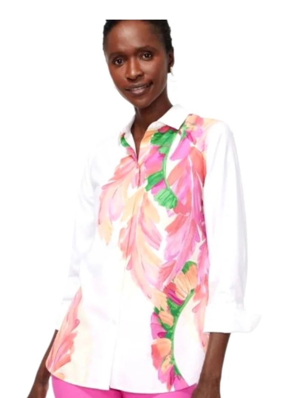 Chico’s Cotton ButtonDown White Shirt with watercolor floral print size 2 Large - Picture 2 of 6